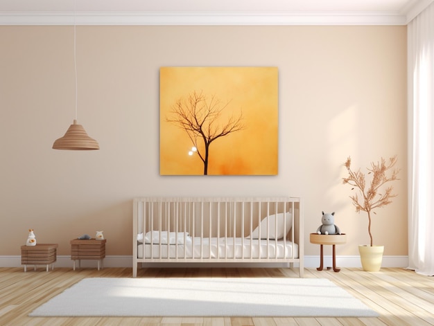 A painting hangs on the wall of a nursery.