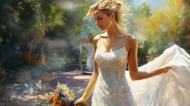 Painting of Happy bride in wedding dress smiling in garden wedding magic realism Generative AI