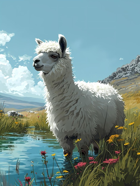 Foto pittura di un lama felice nella natura illustrazione per bambini decorazione artistica a parete