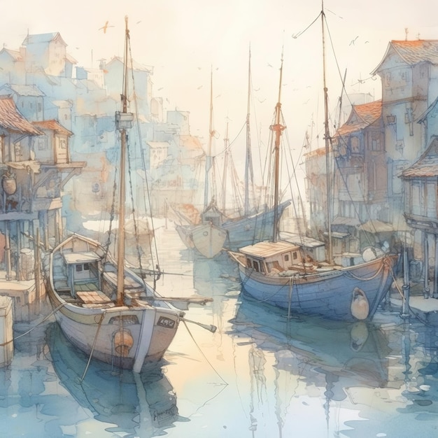 A painting of a harbor with boats in the water