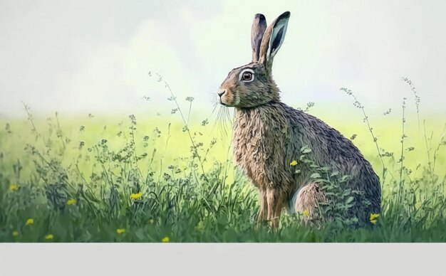 A painting of a hare in a field of flowers. illustrations for kids cartoon style ai generated