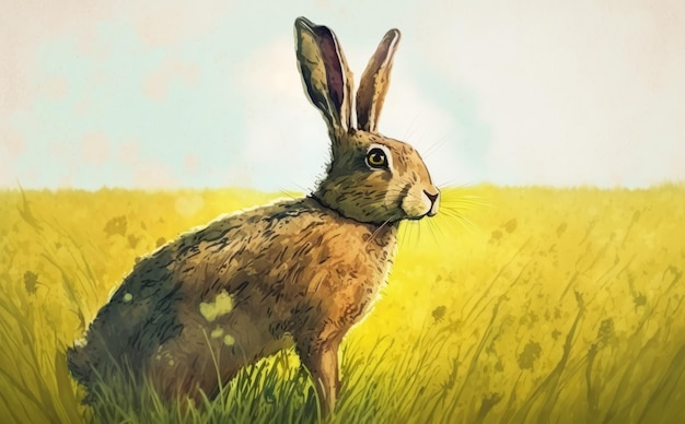 A painting of a hare in a field of yellow flowers illustrations for kids cartoon style ai generated