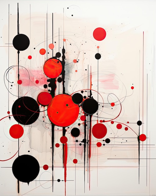 The painting has red and black abstract circles and lines Generative AI