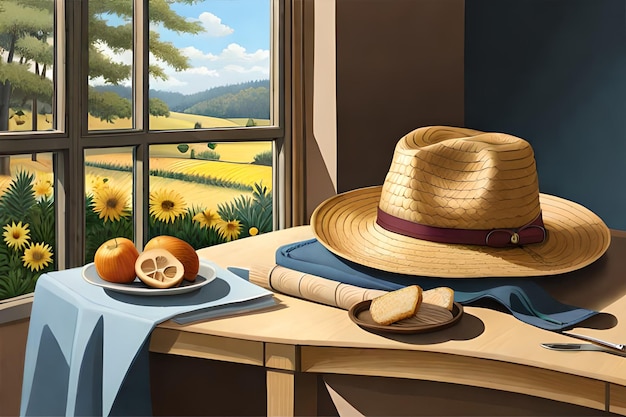 A painting of a hat and a plate of fruit