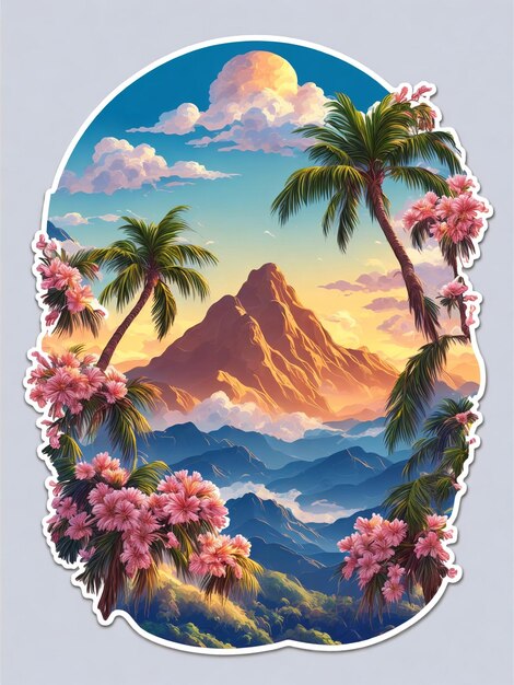 Photo a painting of a hawaiian landscape with flowers and a palm tree