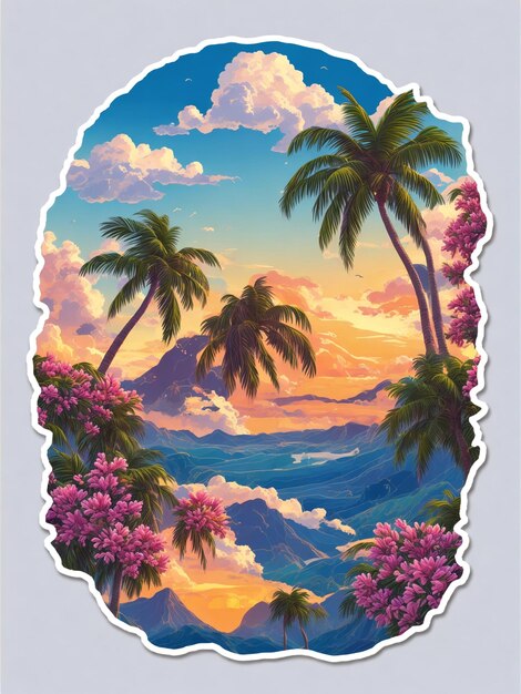 A painting of a hawaiian landscape with flowers and a palm tree