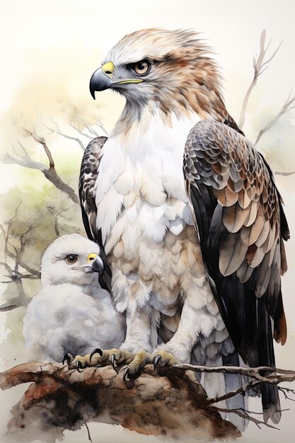 a painting of a hawk and a baby.