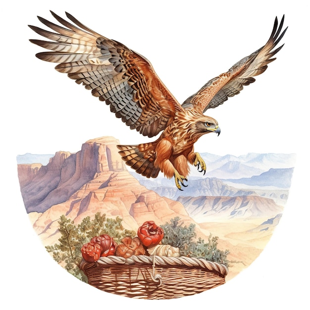 A painting of a hawk flying over a basket of fruit Generative AI image