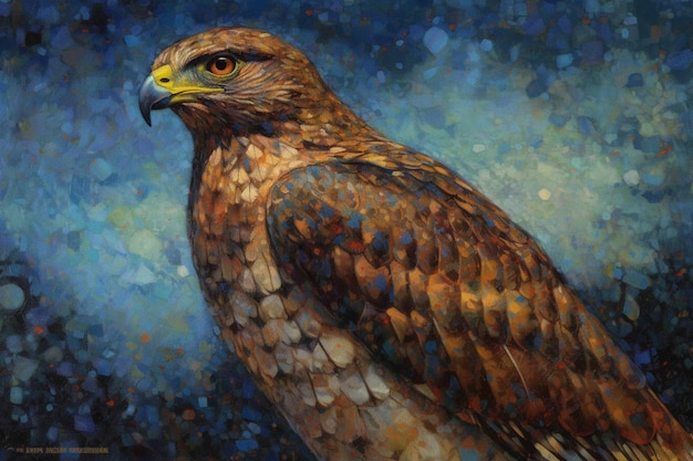 A painting of a hawk with a blue background and the word falcon on it.