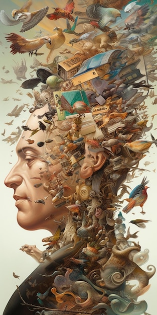 A painting of a head with many things on it