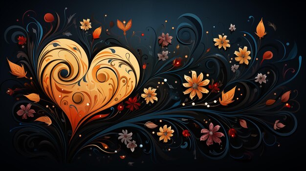 A painting of a heart and flowers on black background