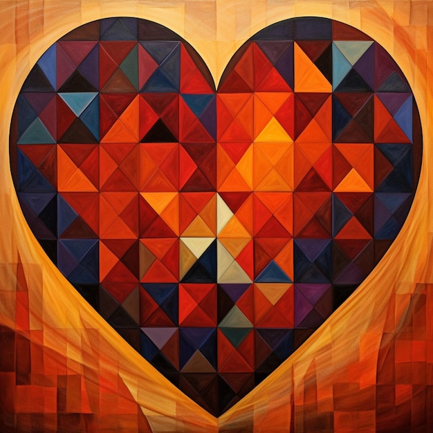 赤とオレンジの色で三角形で作られた心臓の絵