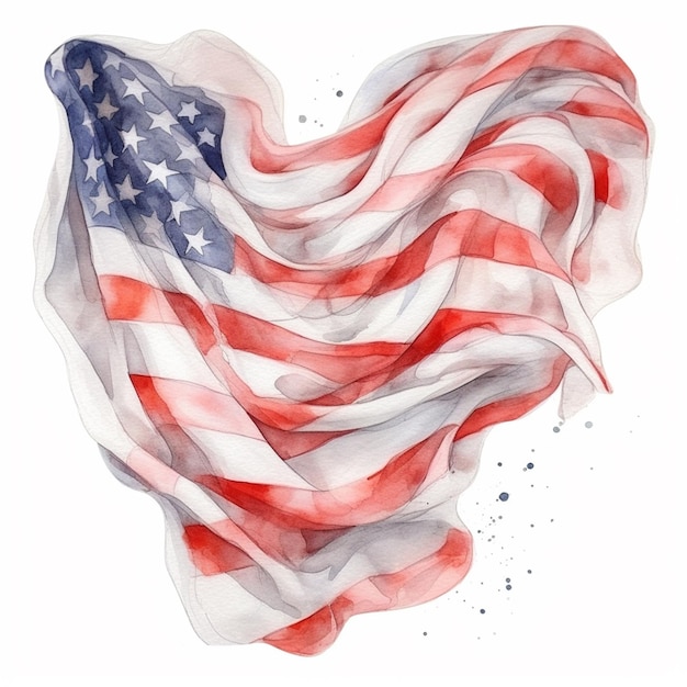 수채화 물감 생성 ai로 하트 모양의 미국 국기 그림