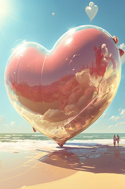 A painting of a heart shaped balloon on the beach