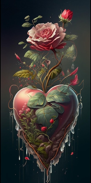 Painting of a heart shaped flower with rose on dark background generative ai