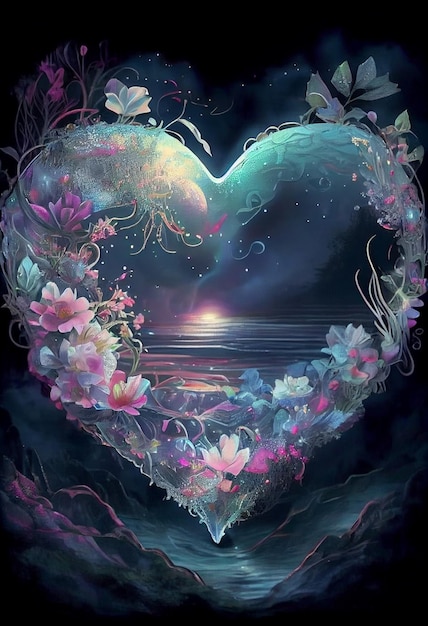 Картина в форме сердца с цветами и бабочками