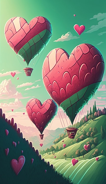 A painting of a heart shaped hot air balloon with the words love on it.