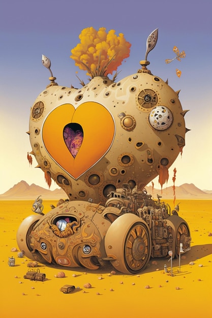 A painting of a heart shaped vehicle with a heart on it