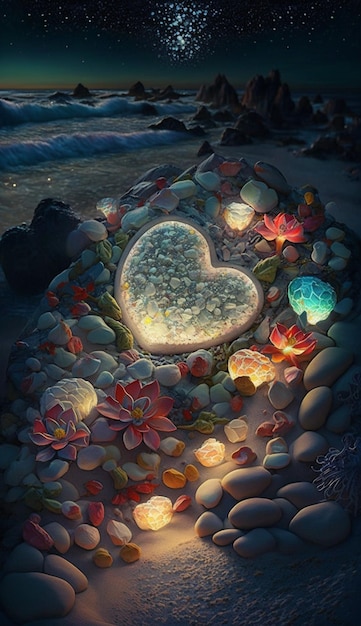 Painting of a heart surrounded by stones and flowers generative ai