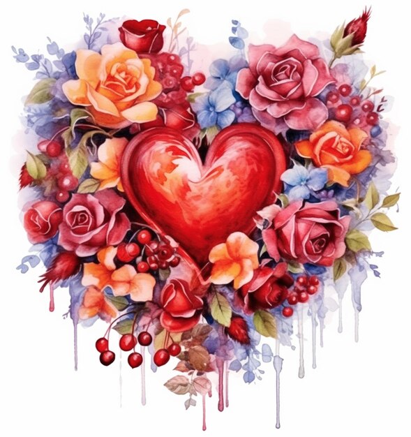 Painting of a heart with flowers and berries on a white background generative ai