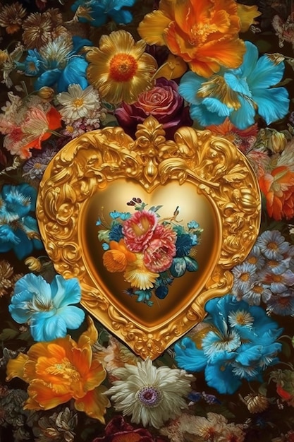 A painting of a heart with flowers on it