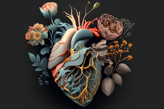 A painting of a heart with flowers and leaves.