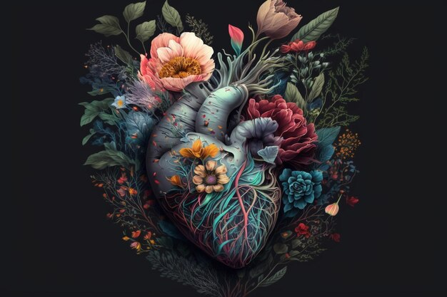 A painting of a heart with flowers and leaves