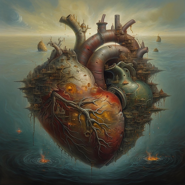 A painting of a heart with a lot of things on it