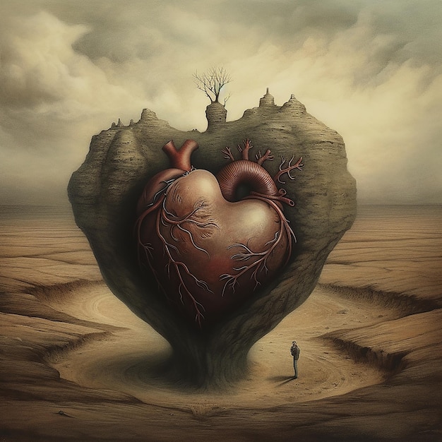 A painting of a heart with a man standing in front of it.