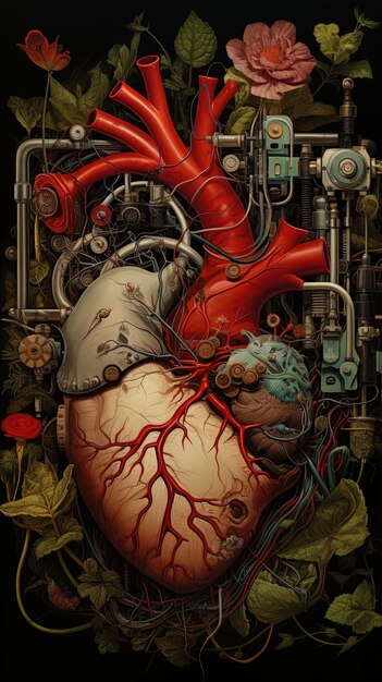 a painting of a heart with a red heart and a bunch of wires