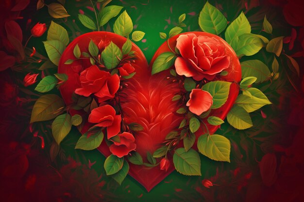 A painting of a heart with roses and leaves on it