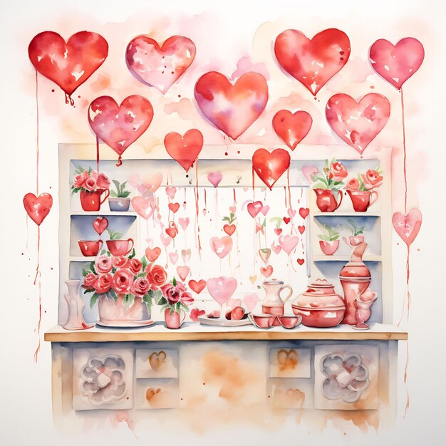 a painting of hearts and flowers on a wall with a window behind them