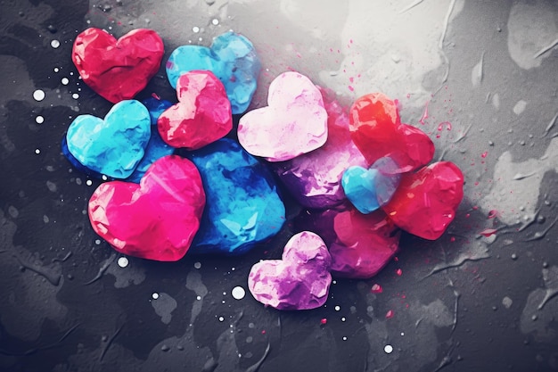 A painting of hearts on a gray background