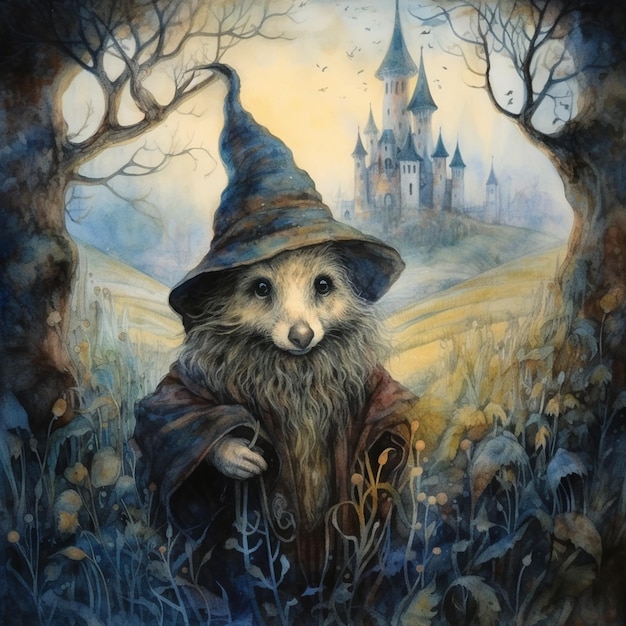painting of a hedge wizard with a hat and a long beard generative ai
