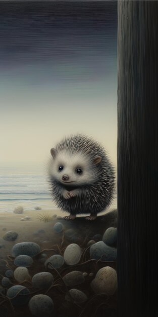 a painting of a hedgehog by the ocean with a body of water behind it