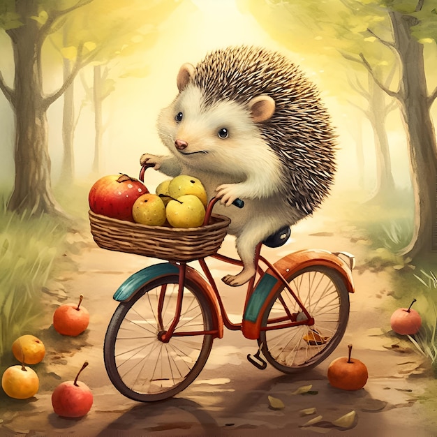 A painting of a hedgehog riding a bike with a basket full of apples.