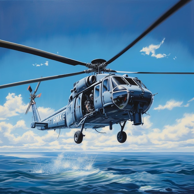 Painting of a helicopter flying over the ocean with a man on board generative ai