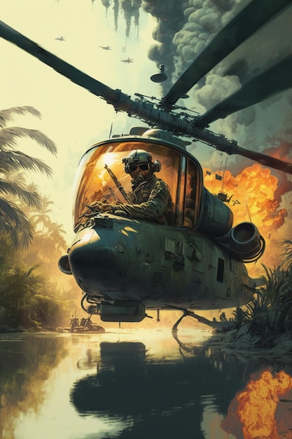 painting of a helicopter with a man in the cockpit flying over a river generative ai