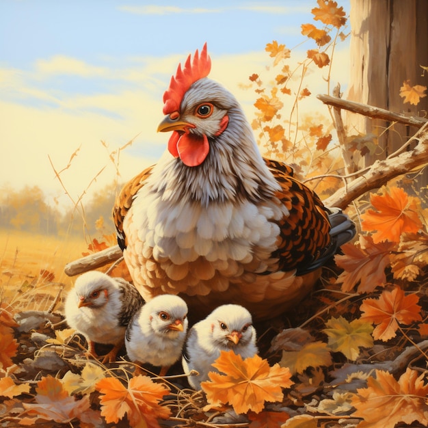 painting of a hen and her chicks in a field of leaves generative ai