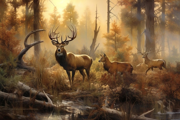 painting of a herd of deer in a forest with a stream generative ai