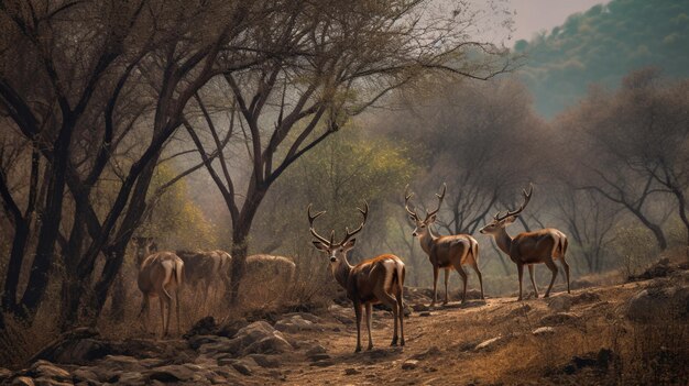 Photo a painting of a herd of deer in the forest