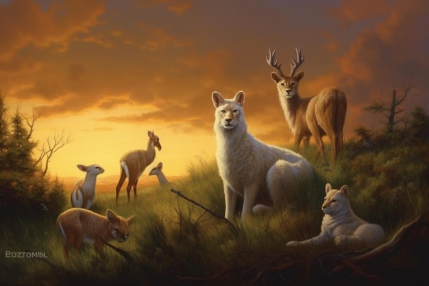 painting of a herd of deer and lambs in a field at sunset generative ai