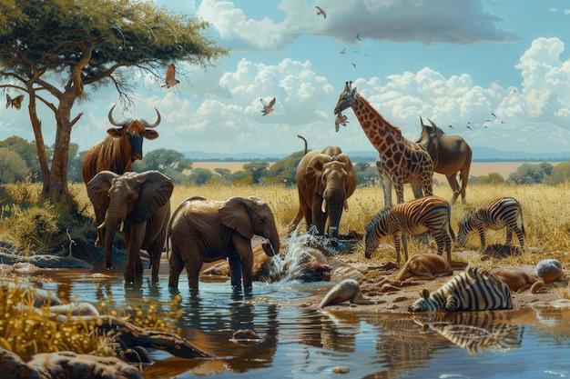 Photo a painting of a herd of wild animals drinking water