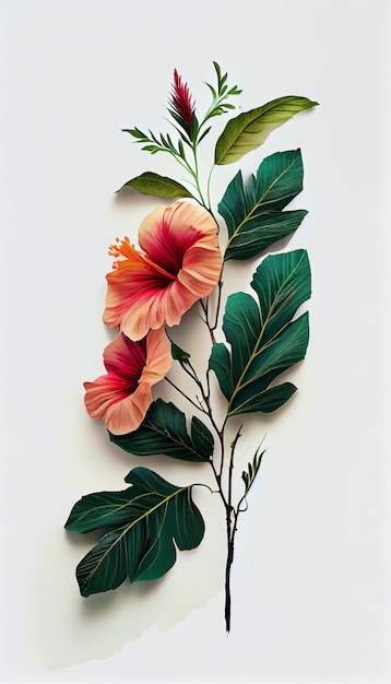 A painting of a hibiscus flower with leaves and flowers.