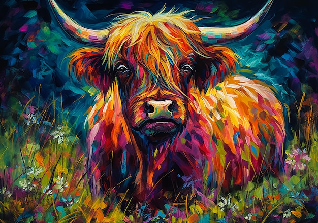 A painting of a highland cow with a yellow nose.