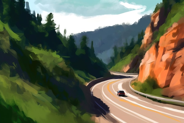 Photo a painting of a highway with a mountain in the background.