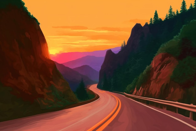 A painting of a highway with mountains in the background.