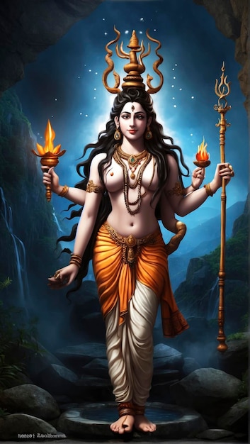 A painting of a hindu god holding a torch and a flame in his hand