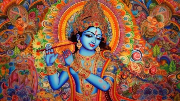 A painting of a hindu god with a flute in his hand