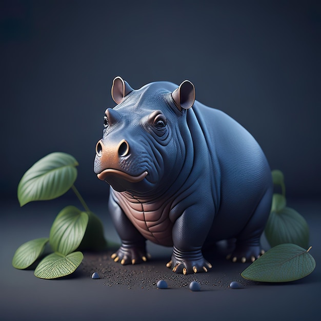 A painting of a hippo with leaves on the ground